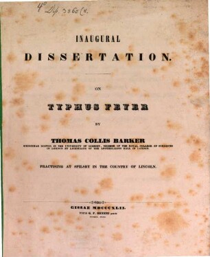 Inaugural Dissertation on Typhus Fever