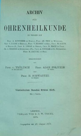 Archiv für Ohrenheilkunde. 14. 1879