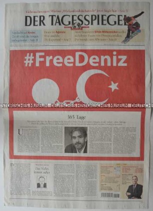 Tageszeitung "Der Tagesspiegel" mit Titel zur ersten Jährung der Inhaftierung des deutsch-türkischen Journalisten Deniz Yücel in der Türkei