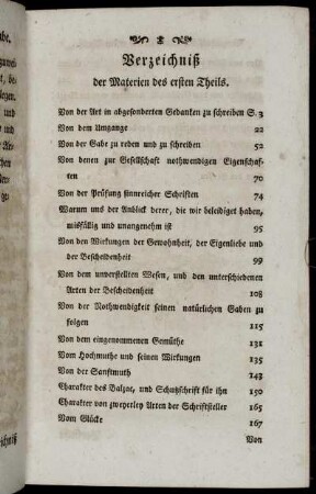 Verzeichniß der Materien des ersten Theils.