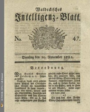 No. 47, Dienstag den 20. November 1781