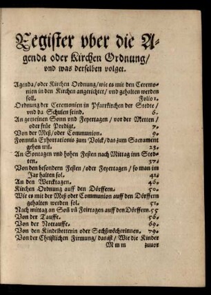 Register uber die Agenda oder Kirchen Ordnung/ und was derselben volget.