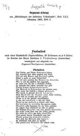 Purimlied : nach einer Handschrift (Papierröllchen, 20 Kolumnen zu je 8 Zeilen) im Besitze des J. Vredenburg / transkribiert u. mitgeteilt von Sigmund Seeligmann