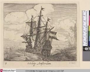 t' Schip Amsterdam [Dreimaster nach links segelnd; Three-master sailing to left]