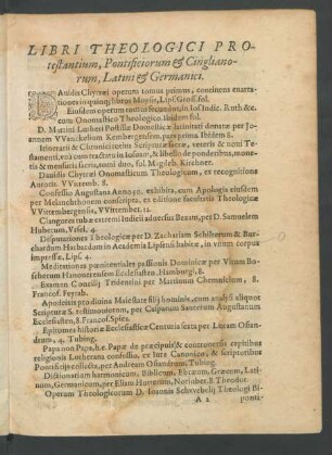 Libri Theologici Protestantium, Pontificiorum & Cinglianorum, Latini & Germanici.