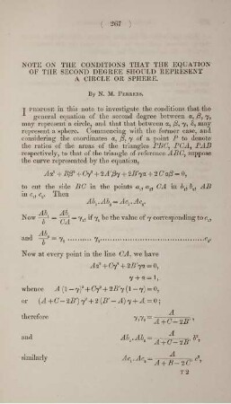 Note on the conditions that the equation of the second degree should represent a circle or sphere.