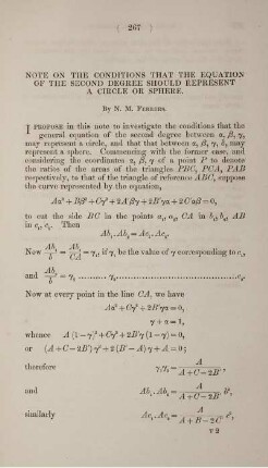 Note on the conditions that the equation of the second degree should represent a circle or sphere.