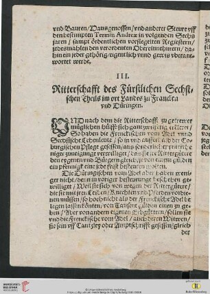 III. Ritterschaft des Fürstlichen Sechsischen Theils im Ort Landes zu Francken und Düringen