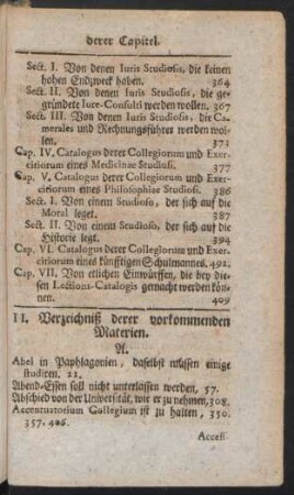 II. Verzeichniß derer vorkommenden Materien