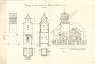 Thiersch, August ; Transformationsstationen, Masttransformatoren, Entwürfe - Vorschlag zu einer gemauerten Transformatorenstation (Teilgrundriss, Ansichten,Perspektive, Schnitte)