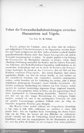 Ueber die Verwandtschaftsbeziehungen zwischen Dinosauriern und Vögeln