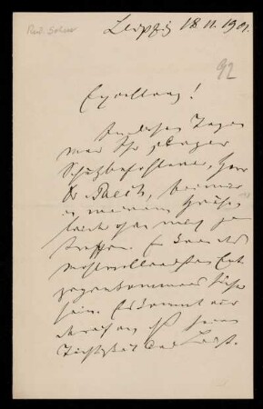 92: Brief von Rudolph Sohm an Gottlieb Planck, Leipzig, 18.11.1901