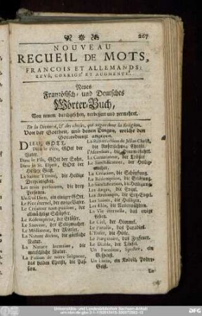 Nouveau Recueil De Mots, Francois De Allemands: Revû, Corrige' Et Augmente'. Neues Französisch- und Deutsches Wörter-Buch, Von neuem durchgesehen, verbessert und vermehret.