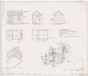 Gartenhaus Karl Foerster, Potsdam-Bornim: Garten- und Gerätehaus im Küchengarten: Grundriss, 3 Ansichten, Detail Dachschindeln, 2 perspektivische Ansichten 1:25