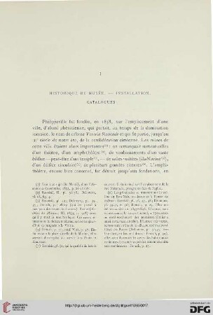 I: Historique du musèe. — Installation. Catalogues