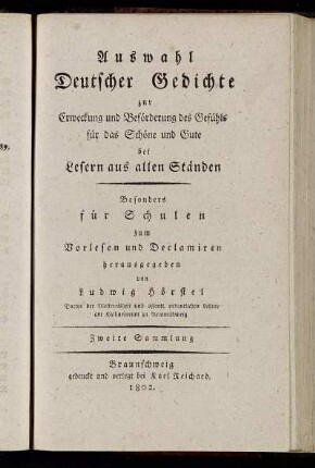 2: Auswahl Deutscher Gedichte zur Erweckung und Beförderung des Gefühls für das Schöne und Gute bei Lesern aus allen Ständen. Sammlung 2