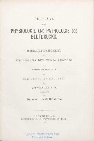 Beiträge zur Physiologie und Pathologie des Blutdrucks