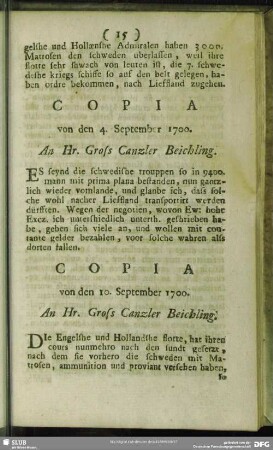 Copia von den 10. September 1700