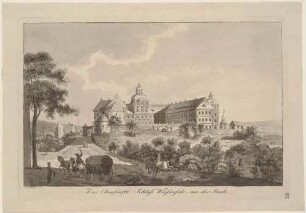 Das 1660 bis 1694 errichtete, neubarocke Schloss Neu-Augustusburg in Weißenfels an der Saale im Süden von Sachsen-Anhalt von Osten, aus C. B. Schwarz Malerischer Reise durch Sachsen