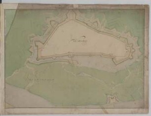 Plan der Festung Wittenberg, Handzeichnung, vor 1695 : Wittenberg / [Johann George Starck]. - [S.l., S.a.]. - 1 Plan : Handzeichng. vor 1695 ; 54,7 x 38,8 cm.