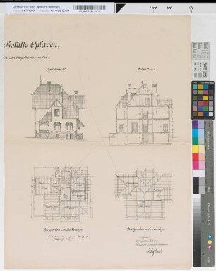 Hauptwerkstätte Opladen. Dienstwohngebäude für den Inspektionsvorstand: Ansicht, Schnitt, Sparrenlage [rechte Hälfte], M. 1:100