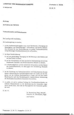 Antrag der FDP betr. Verbrauchermärkte und Einkaufszentren