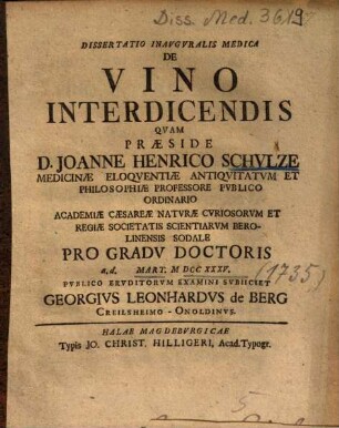 Dissertatio Inavgvralis Medica De Vino Interdicendis
