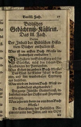 Das III. Fach. Darin Der Inhalt der Biblischen Historien Bücher enthalten ist