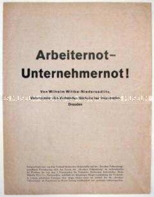 Sonderdruck mit dem Wortlaut eines Vortrages des Vorsitzenden des Verbandes Sächsischer Industrieller