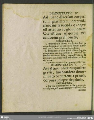 Demonstratio V. Aer Atmosphaericus pariter gravis, suo pondere determinato occurrentia premit corpora, eaque deprimit