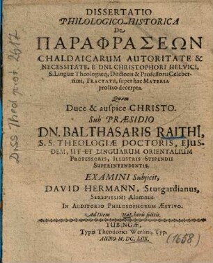 Dissertatio Philologico-Historica De Paraphraseōn Chaldaicarum Autoritate & Necessitate ...