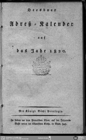 1820: Dresdner Adress-Kalender : auf d. Jahr ...