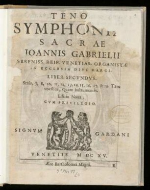 Giovanni Gabrieli: Symphoniae sacrae ... Liber secundus. Tenor