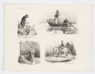 Skizzenblatt mit Mann und Kind; Soldat und Hund in einem Boot; Frau mit Kind vor einem Kreuz; junger Reiter, Blatt 7 der Folge "Deuxième série de croquis"