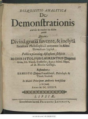 Disquisitio Analytica De Demonstrationis haplōs & kyriōs ita dictae genesei