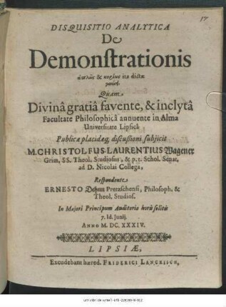 Disquisitio Analytica De Demonstrationis haplōs & kyriōs ita dictae genesei
