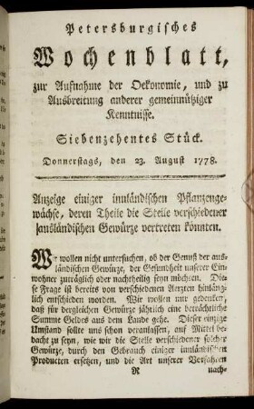 Siebenzehentes Stück. Donnerstags, den 23. August 1778