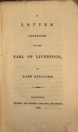 A letter addressed to the Earl of Liverpool