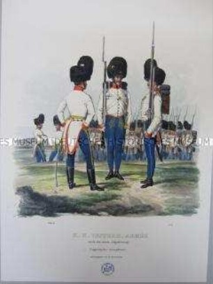 Uniformdarstellung, Offiziere und Mannschaft der Ungarischen Infanterie, Österreich, 1840. Tafel aus: Trentsensky: K.K. Oesterreichische Armée nach der neuen Adjustirung.