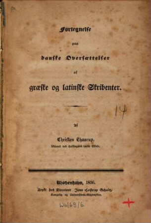 Fortegnelse paa danske Oversaettelser af graeske og latinske Skribenter