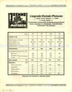 Preisliste über liegende Viertaktmotoren und Dampf-Motor-Dreschmaschinen