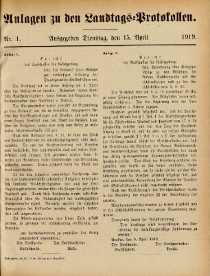 1919/1920, Nr. 1-Nr. 22 (15. April 1919/28. Dezember 1920): Verhandlungen der Verfassunggebenden Waldeck-Pyrmonter Landesvertretung / Waldeck-Pyrmont Verfassungsgebende Landesvertretung. - Mengeringhausen