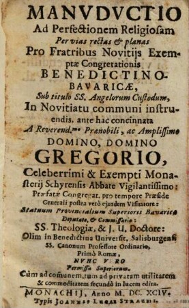 Manvdvctio Ad Perfectionem Religiosam Per vias rectas & planas