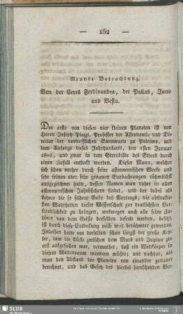 Neunte Betrachtung. Von der Ceres Ferdinandea, der Pallas, Juno und Vesta