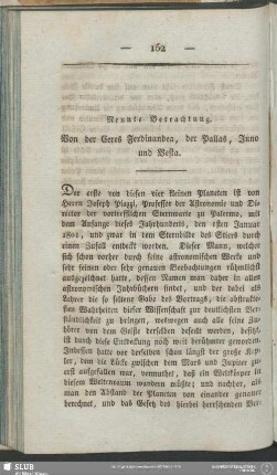 Neunte Betrachtung. Von der Ceres Ferdinandea, der Pallas, Juno und Vesta