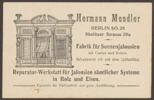 Werbepostkarte Jalousien-Fabrik "Hermann Mendler", Skalitzer Straße 29a