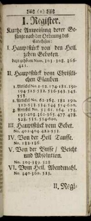 I. Register. Kurze Anweisung derer Gesänge nach der Ordnung des Catechismi: