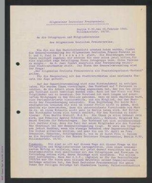 Rundschreiben von Dorothee von Velsen, M[athilde] Drechsler und Gertrud Dumstrey-Freytag an die Ortsgruppen und Mitgliedsvereine des ADF