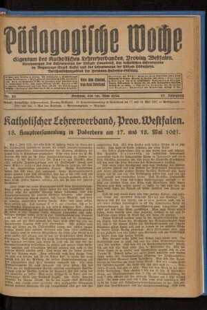 Katholischer Lehrerverband, Prov. Westfalen : 18. Hauptversammlung in Paderborn am 17. und 18. Mai 1921