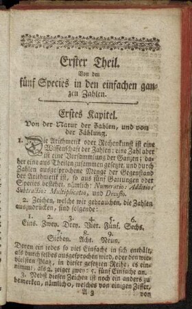 Erster Theil. Von den fünf Species in den einfachen ganzen Zahlen.